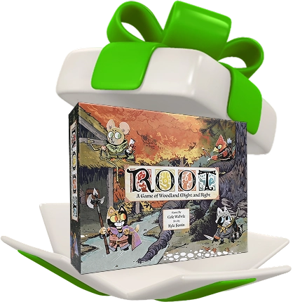 De doos van het bordspel “Root” tegen een zwarte achtergrond, met afbeeldingen van bosdieren. De doos staat op een witte geschenkdoos met een groen lint