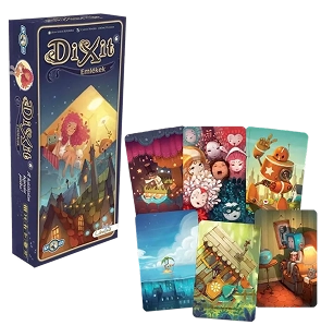 Dixit uitbreiding bordspel doos met geïllustreerde fantasy kaarten naast de verpakking