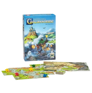 Carcassonne bordspel doos met geïllustreerde kasteel scène en kleurrijke meeples op dobbelstenen aan de voorkant