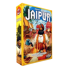 Jaipur tweespelers kaartspel doos, met kleurrijke markt thema illustraties