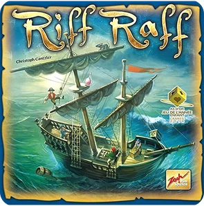 Riff Raff balans bordspel doos met illustratie van een piratenschip