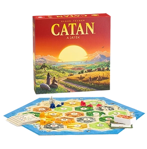 Catan bordspel doos en opstelling van zeshoekig eiland met grondstofkaarten en spelersfiguren