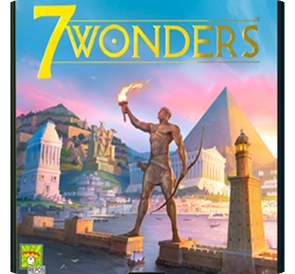 De doos van het bordspel „7 Wonders” met de Kolossus van Rhodos, de piramides en oude architectuur onder een kleurrijke hemel