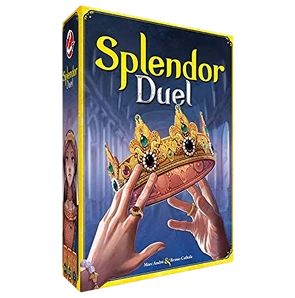 Splendor Duel strategisch bordspel doos, met donkere achtergrond en juwelenkroon illustratie