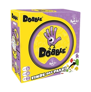 Gele en paarse Dobble-speldoos met op de voorkant een cartoonhand met een oog. De tekst luidt: “Finde das Paar!”, wat aangeeft dat het om een combinatiespel gaat