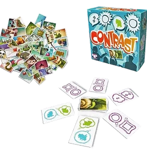 Contrasterend visueel associatiespel doos met kaarten en conceptkaarten