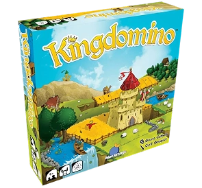 Kingdomino, een bekroond familiestrategiespel, doos met kleurrijke koninkrijkslandschappen en kasteelillustraties