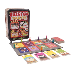 Sushi Go Party kaartspel doos met kleurrijke sushi-thema kaarten en scorebord